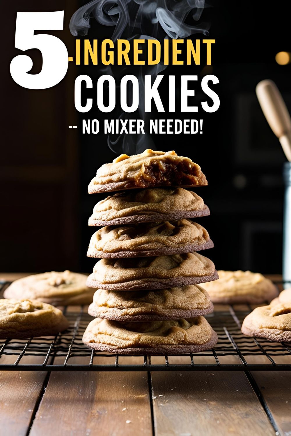 Stack of chewy 5-ingredient cookies fresh from the oven with melty chocolate chips.