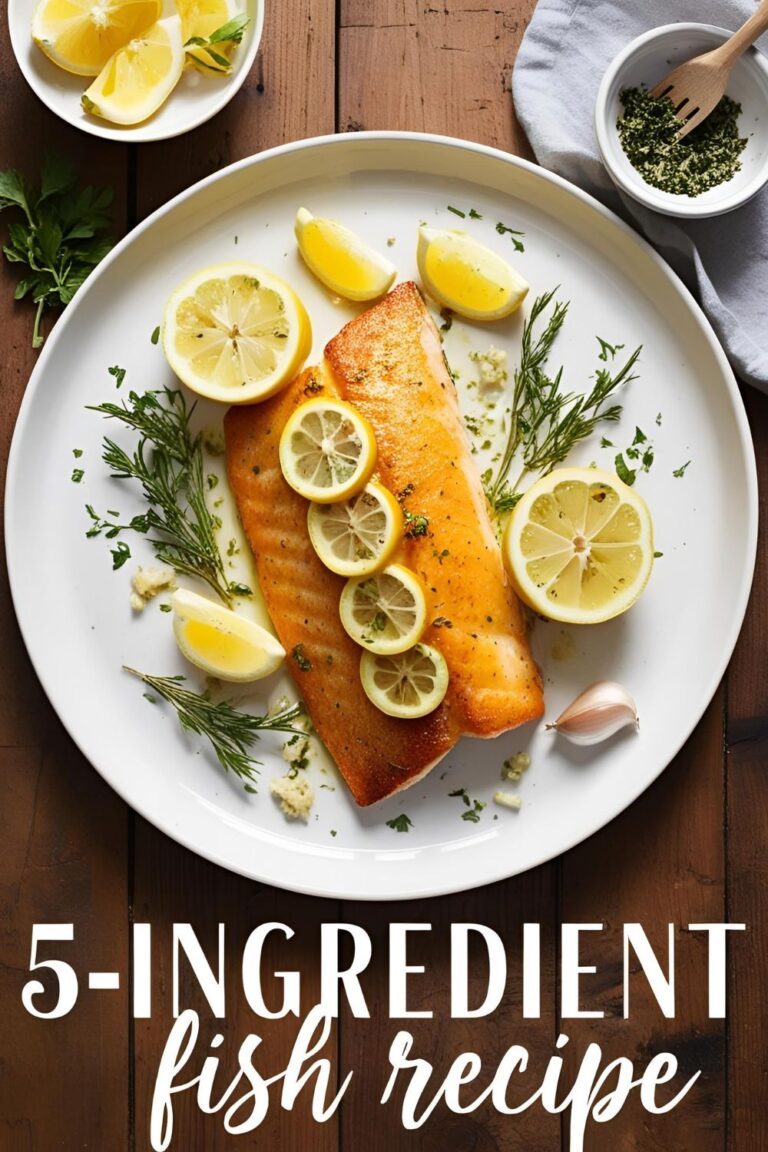 Seared 5-ingredient fish fillet with lemon and garlic on a white plate