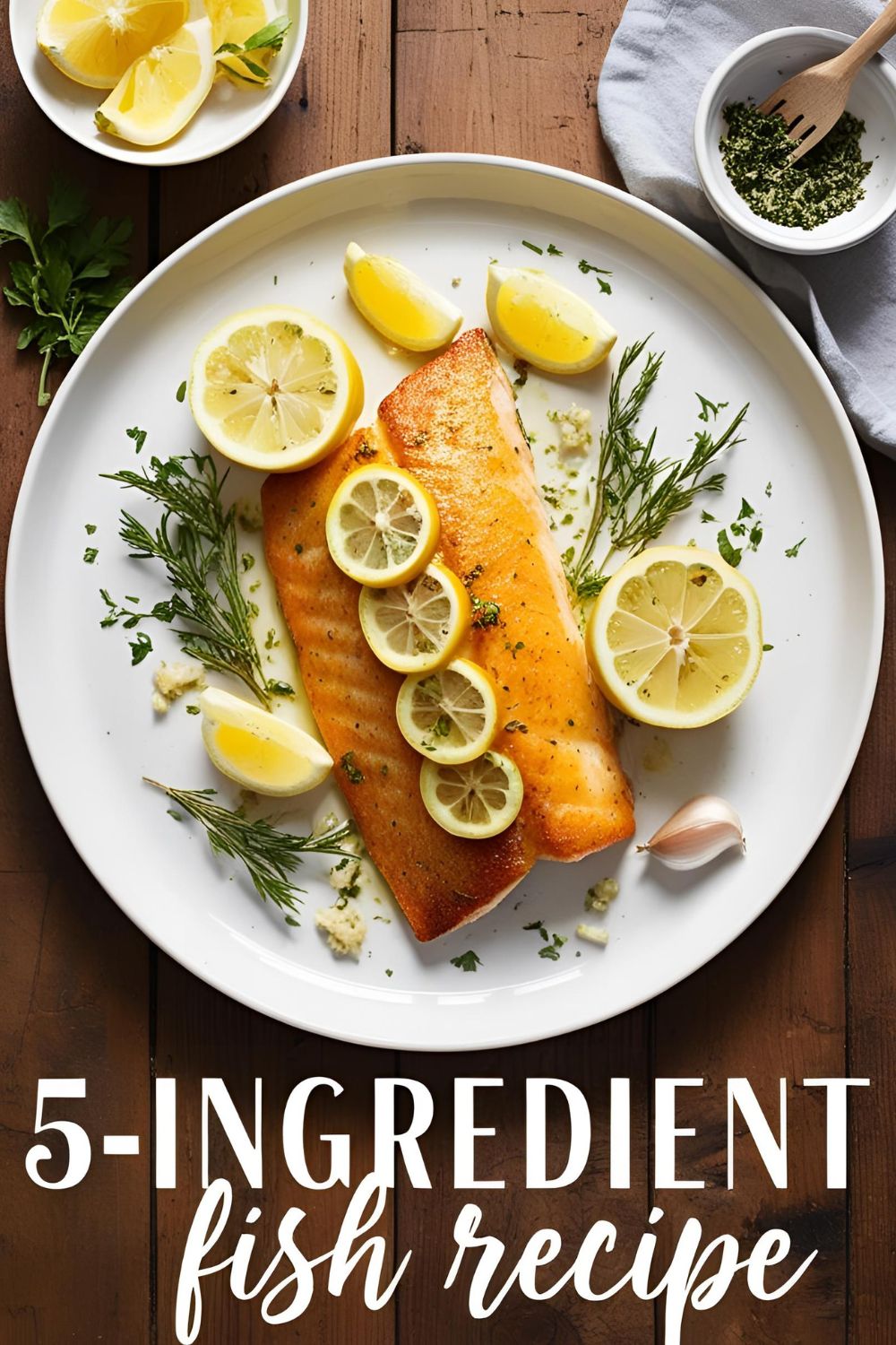 Seared 5-ingredient fish fillet with lemon and garlic on a white plate
