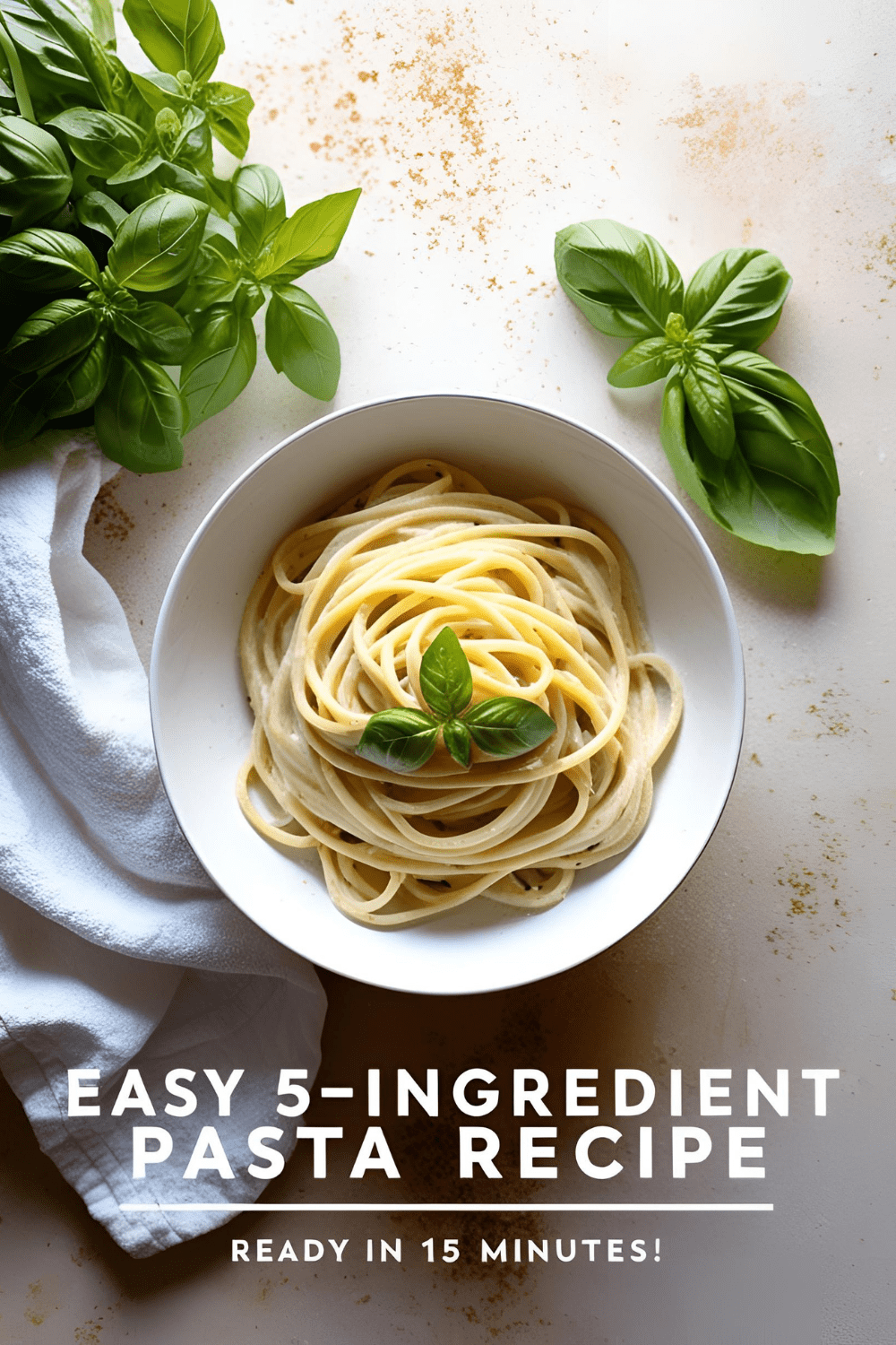 A bowl of vibrant, easy 5-ingredient pasta topped with fresh basil and parmesan, ready to serve.