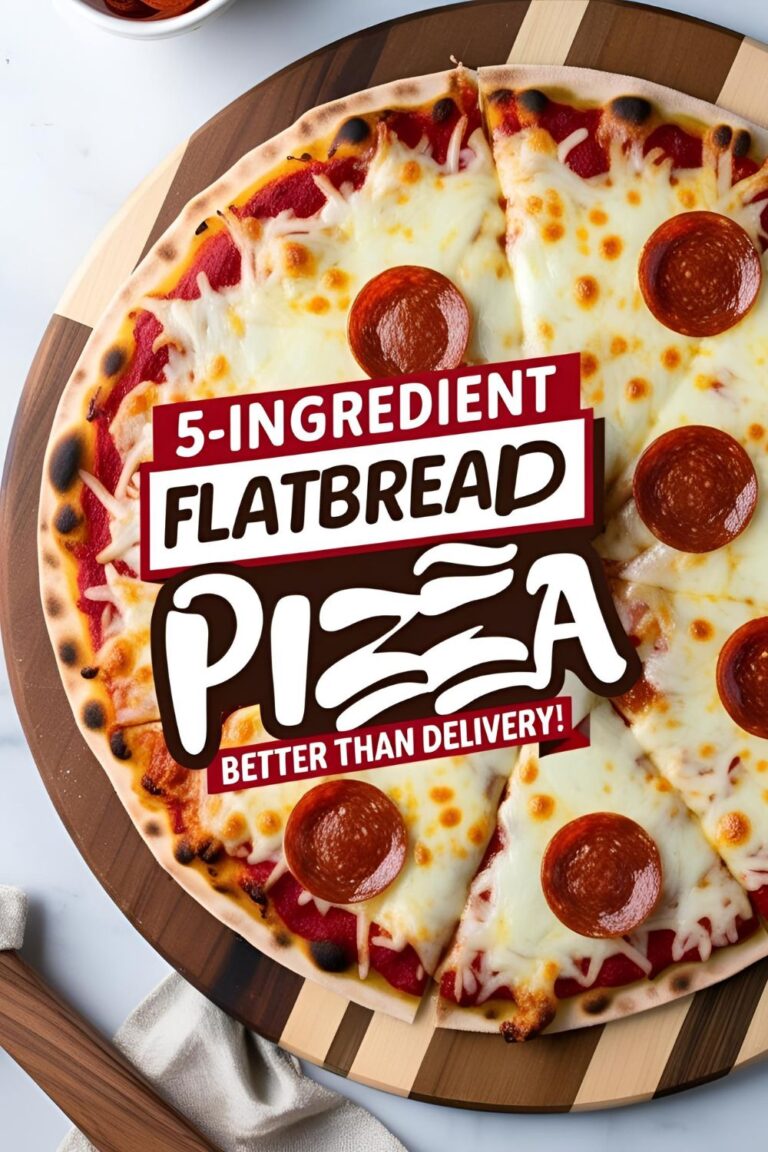 Overhead view of homemade 5-ingredient pizza on flatbread with cheese and pepperoni on a wooden board.