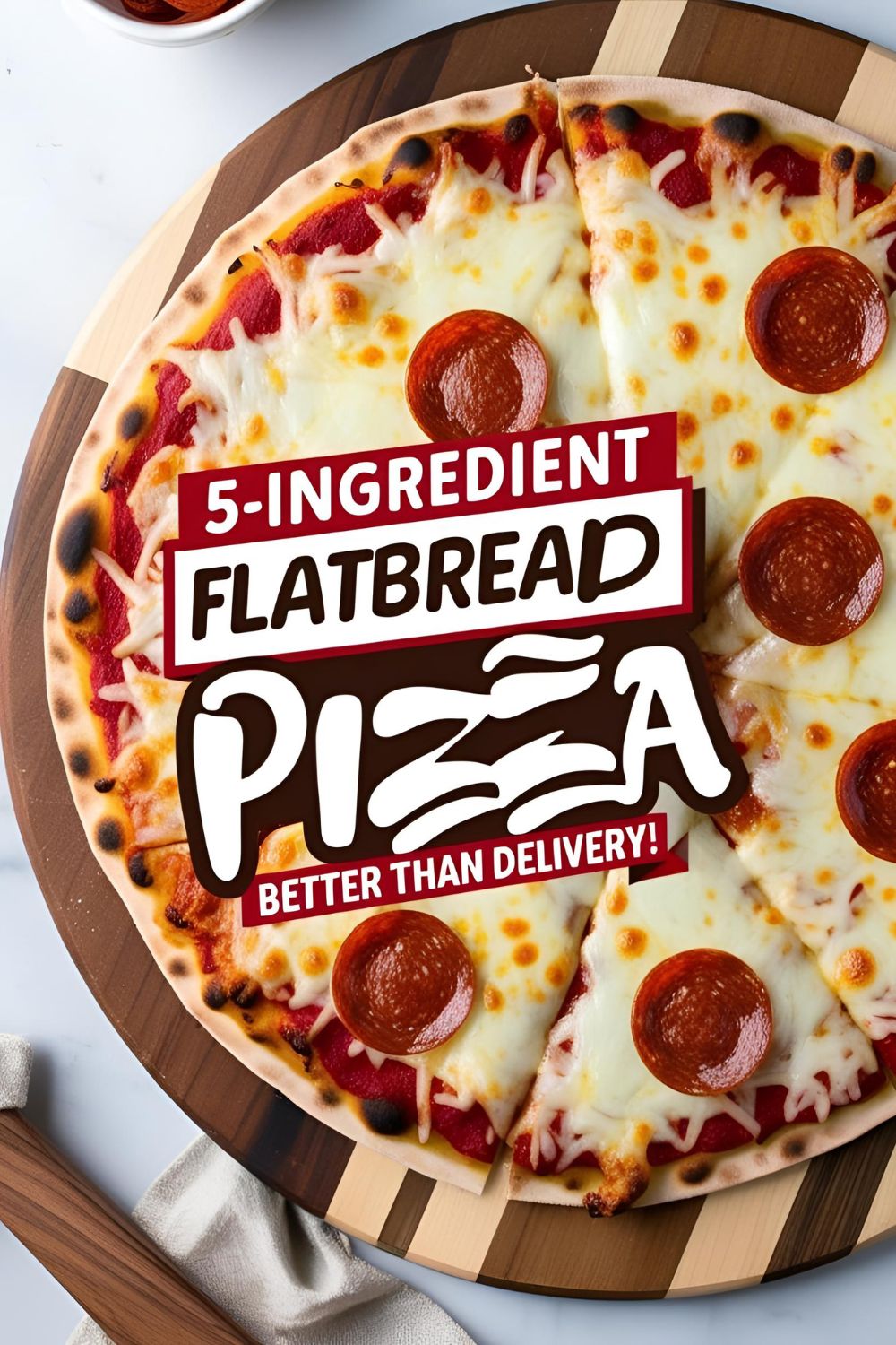 Overhead view of homemade 5-ingredient pizza on flatbread with cheese and pepperoni on a wooden board.