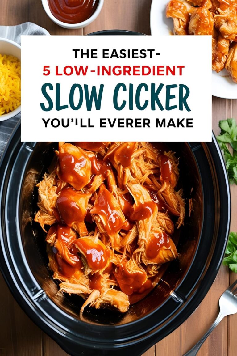 Juicy BBQ shredded chicken made in a slow cooker with only five ingredients, served on buns and over rice
