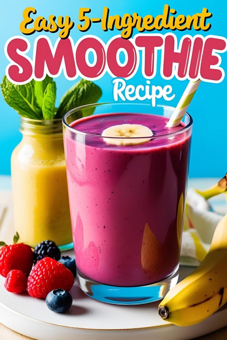 A refreshing 5-ingredient smoothie in a glass with fresh berries and banana on the side, perfect for a quick and healthy treat.