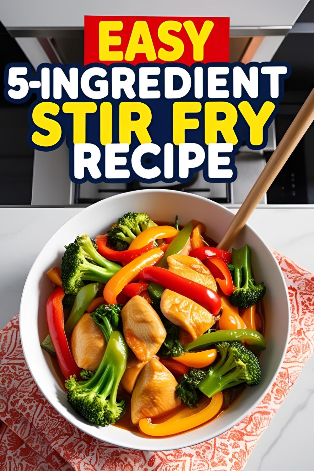 Colorful and delicious stir fry made with just 5 ingredients, served hot in a bowl with chopsticks.