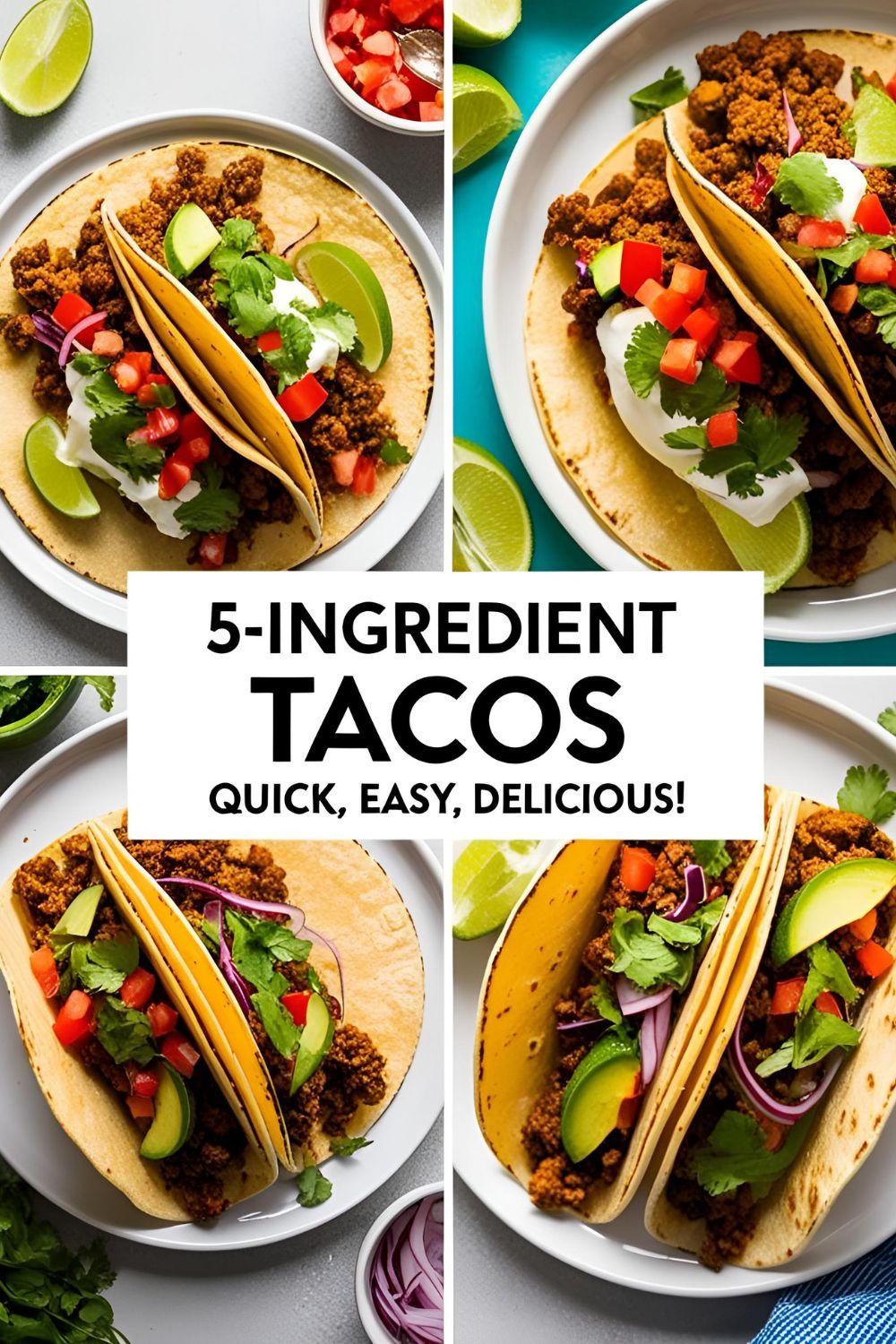 Plate of 5-ingredient tacos garnished with fresh cilantro and lime wedges.