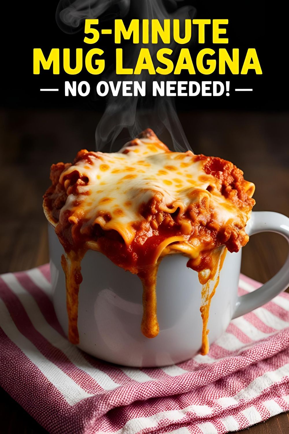 Cheesy microwave mug lasagna recipe in a white mug with a fork pulling up a gooey bite