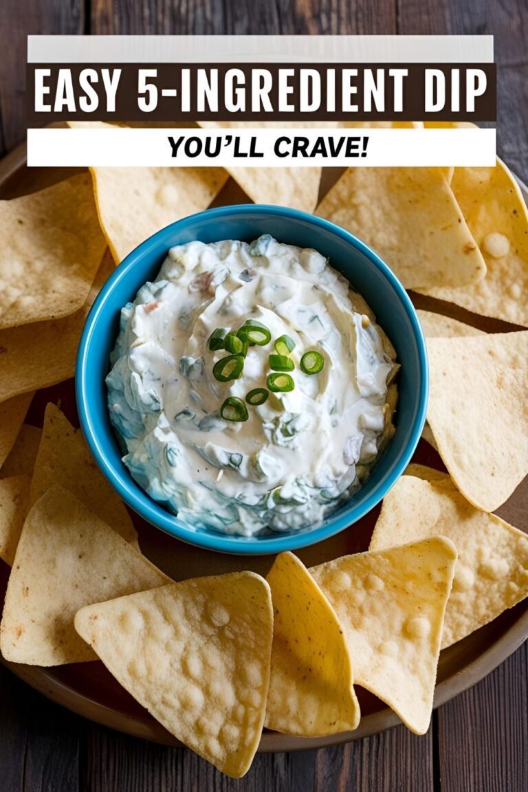 A bowl of creamy 5-ingredient dip surrounded by tortilla chips on a rustic wooden table, text overlay that says “Easy 5-Ingredient Dip You’ll Crave!”