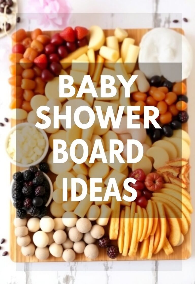 A colorful Baby Shower Snack Board filled with mini sandwiches, cheese, fruits, and sweet treats.