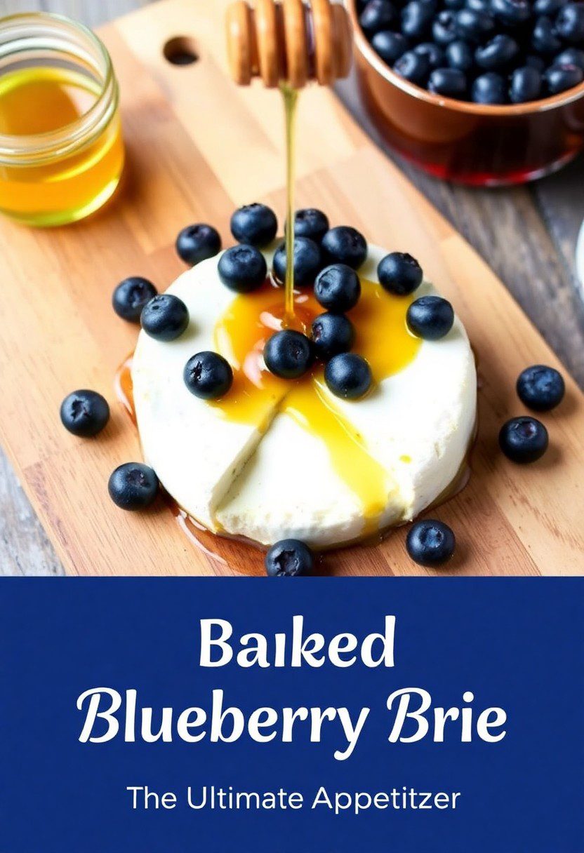 Golden baked blueberry brie with gooey cheese and bubbling berries on a rustic serving board