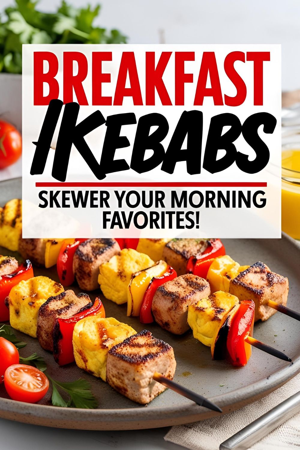 Grilled breakfast kebabs served over scrambled eggs on a rustic plate.