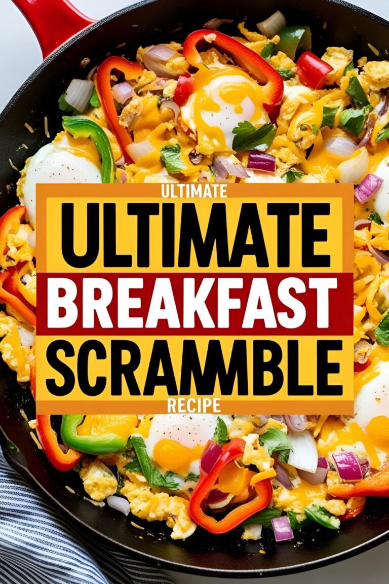 A hearty and colorful skillet filled with breakfast scramble loaded with eggs, veggies, and cheese for the perfect protein-packed start to your day.