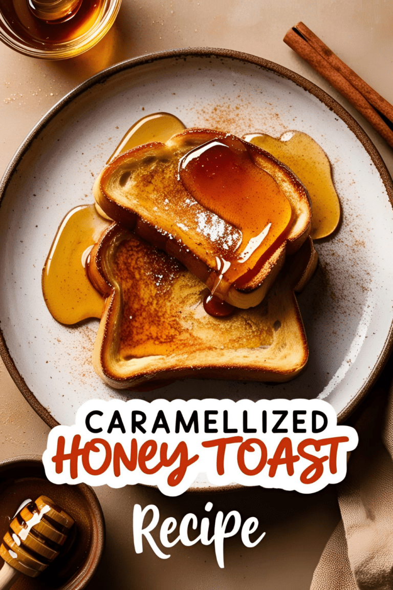 Caramelized honey toast with golden drizzle and crispy edges on a breakfast plate