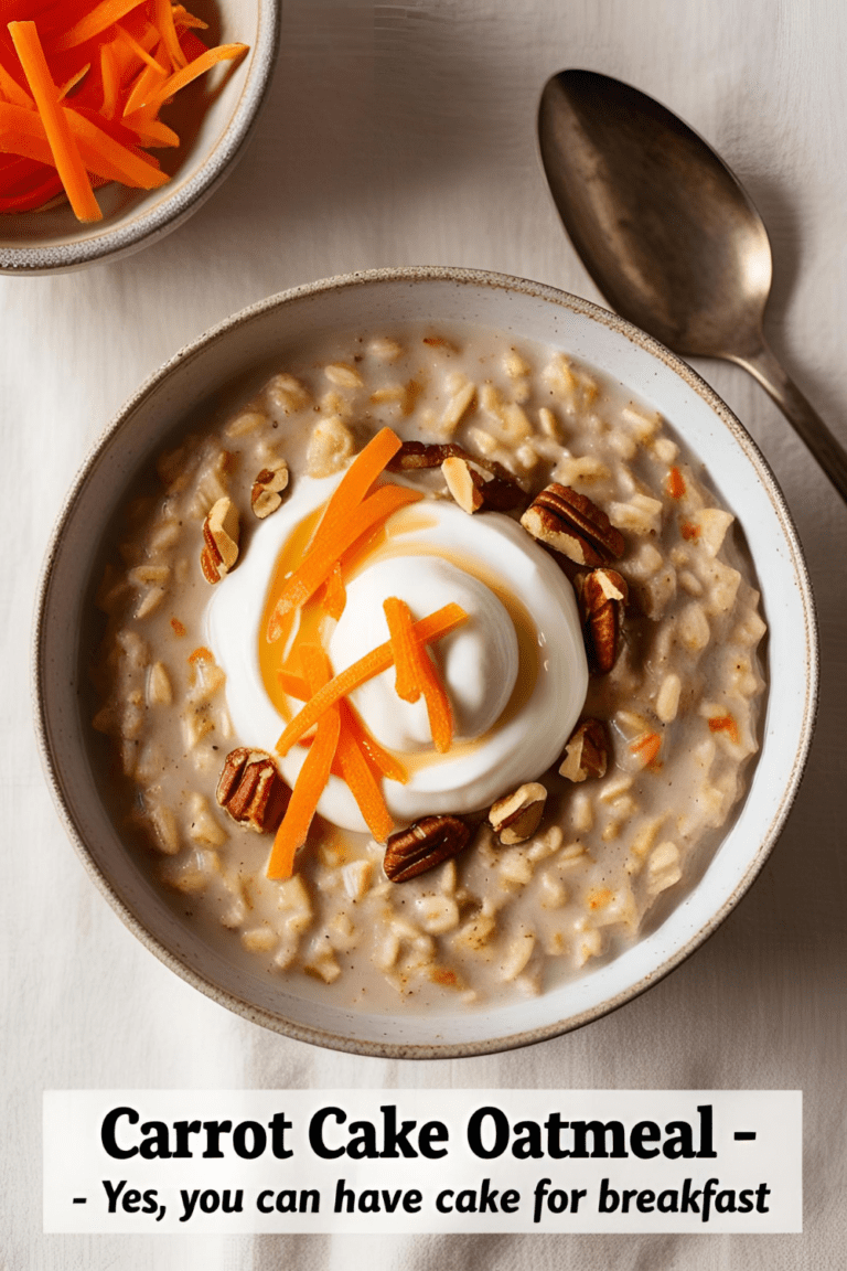 Cozy bowl of carrot cake oatmeal topped with yogurt, nuts, and cinnamon for a comforting breakfast twist.