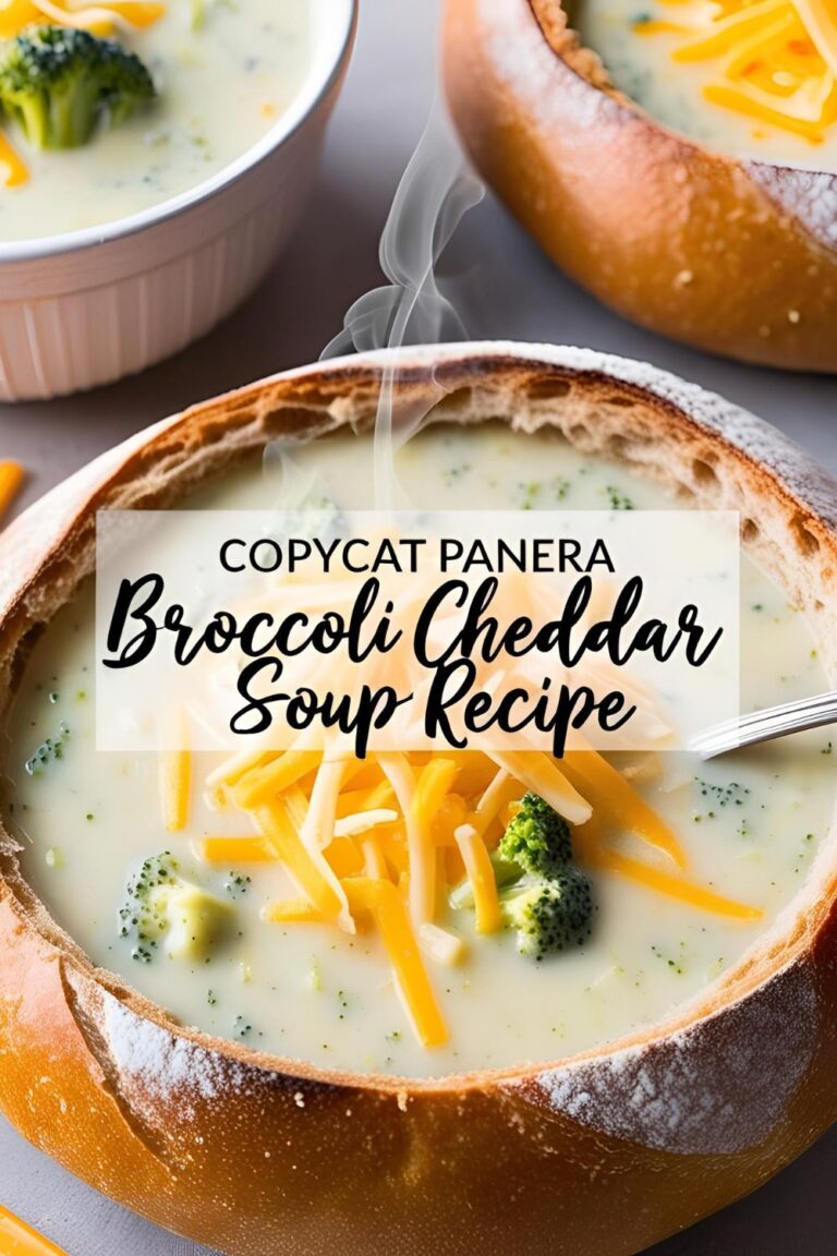 Close-up of creamy Panera broccoli cheddar soup served in a bread bowl, topped with melted cheese and fresh broccoli, styled for a cozy homemade meal vibe.
