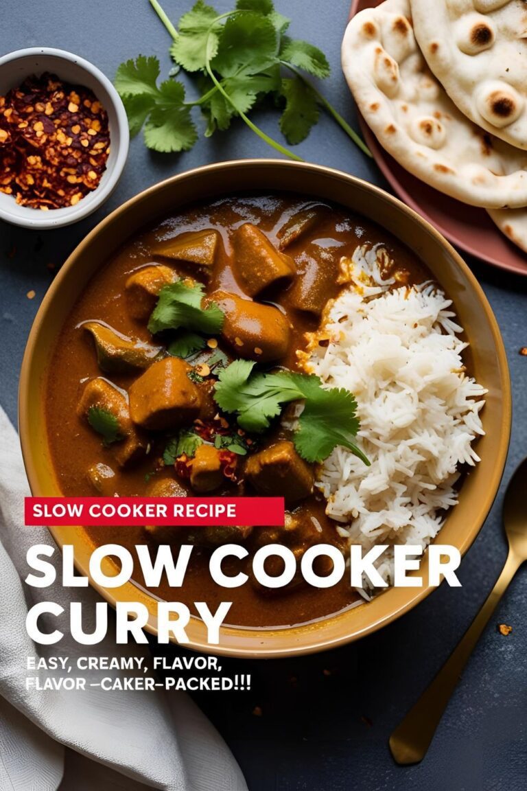 “A hearty bowl of creamy slow cooker curry with rice and naan, styled with a vibrant text overlay that reads ‘Slow Cooker Curry Recipe – Easy & Flavor-Packed’.”