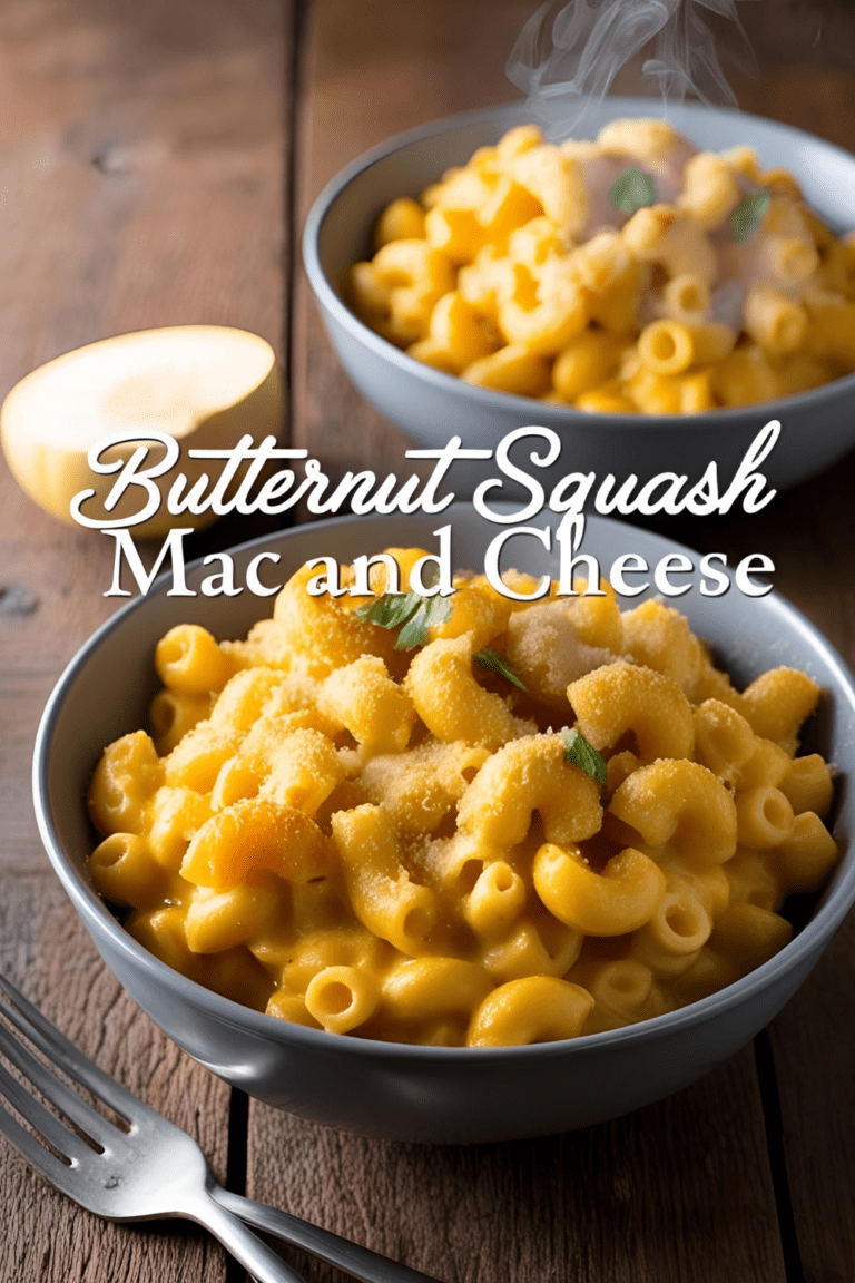 Close-up of creamy butternut squash mac and cheese in a baking dish, topped with golden breadcrumbs and herbs