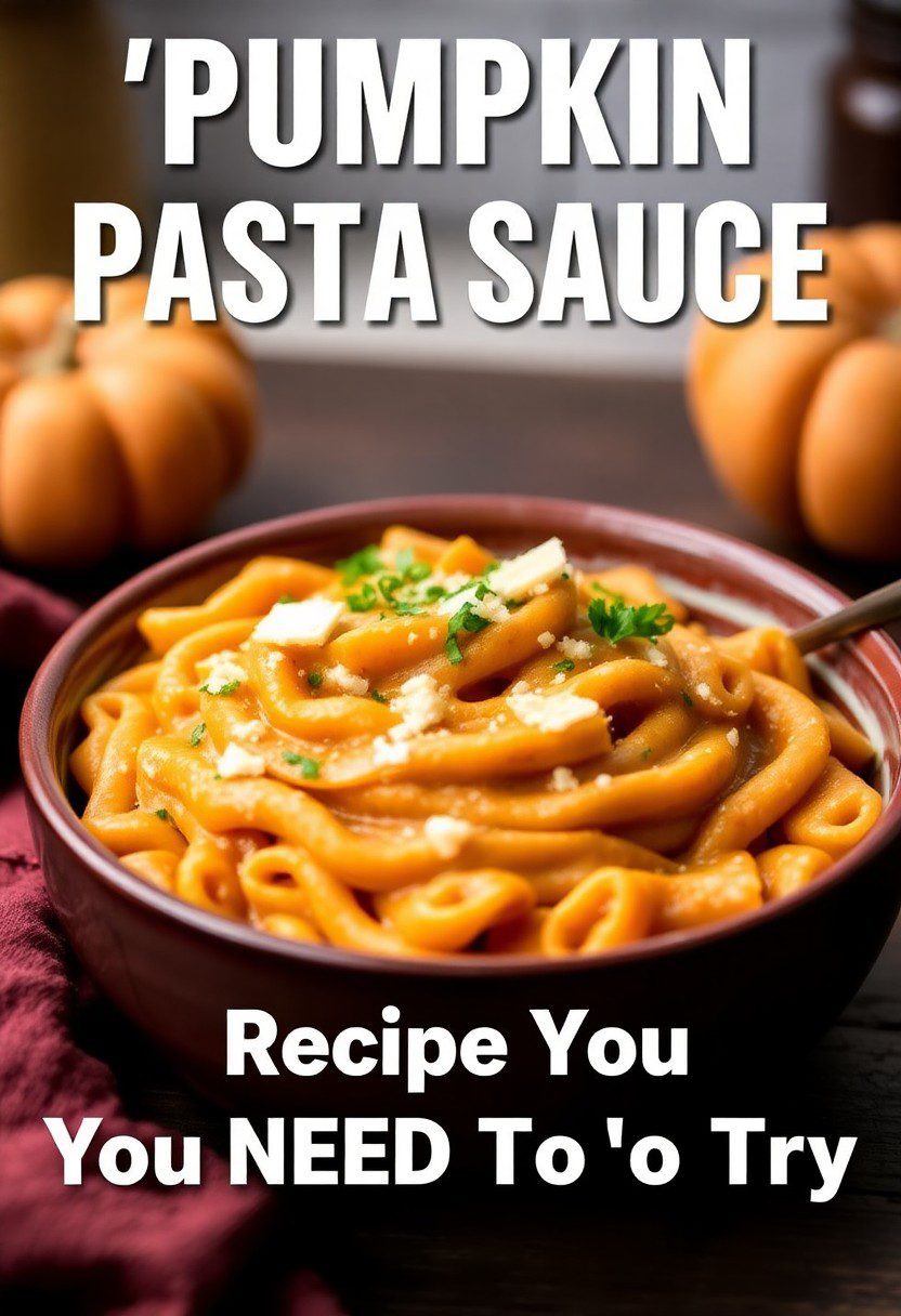 Bowl of creamy pumpkin pasta garnished with Parmesan and herbs in cozy autumn kitchen