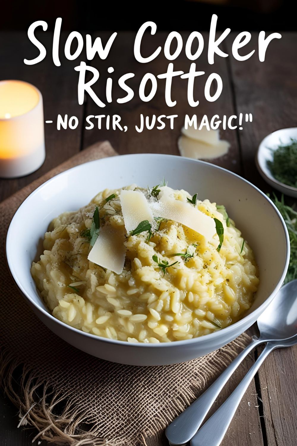 Creamy slow cooker risotto served in a bowl, topped with Parmesan and herbs
