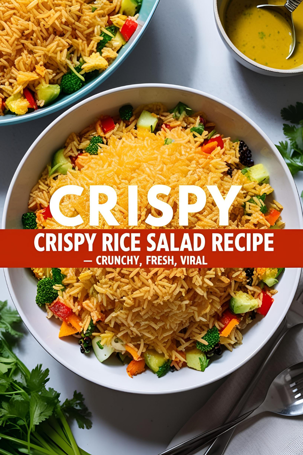 Close-up image of crispy rice salad with crunchy golden rice and colorful vegetables, topped with sesame dressing.