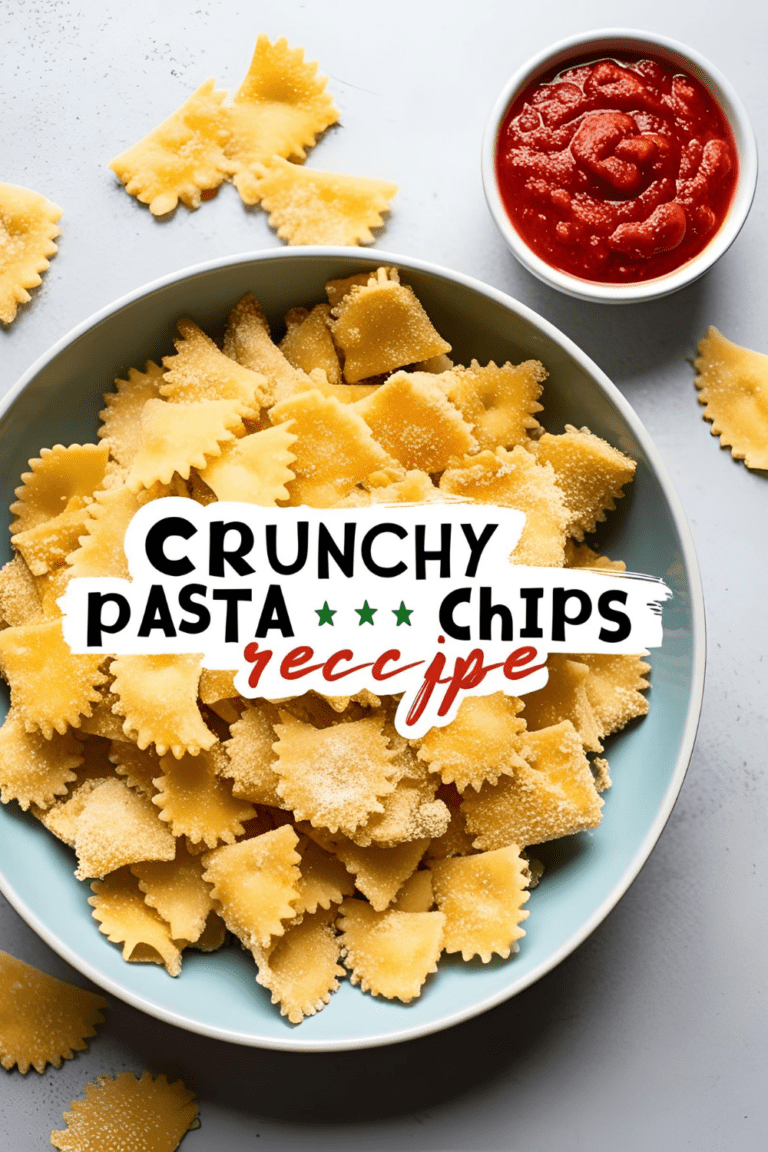 Close-up of crispy golden pasta chips served with marinara dip and sprinkled with Parmesan and herbs