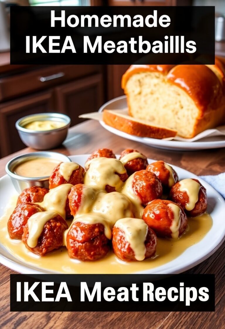 Plate of homemade IKEA meatballs in creamy sauce with rustic background.