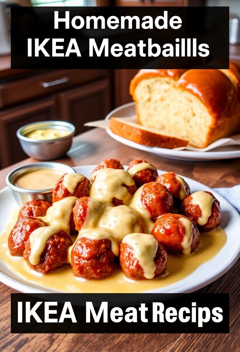 Plate of homemade IKEA meatballs in creamy sauce with rustic background.
