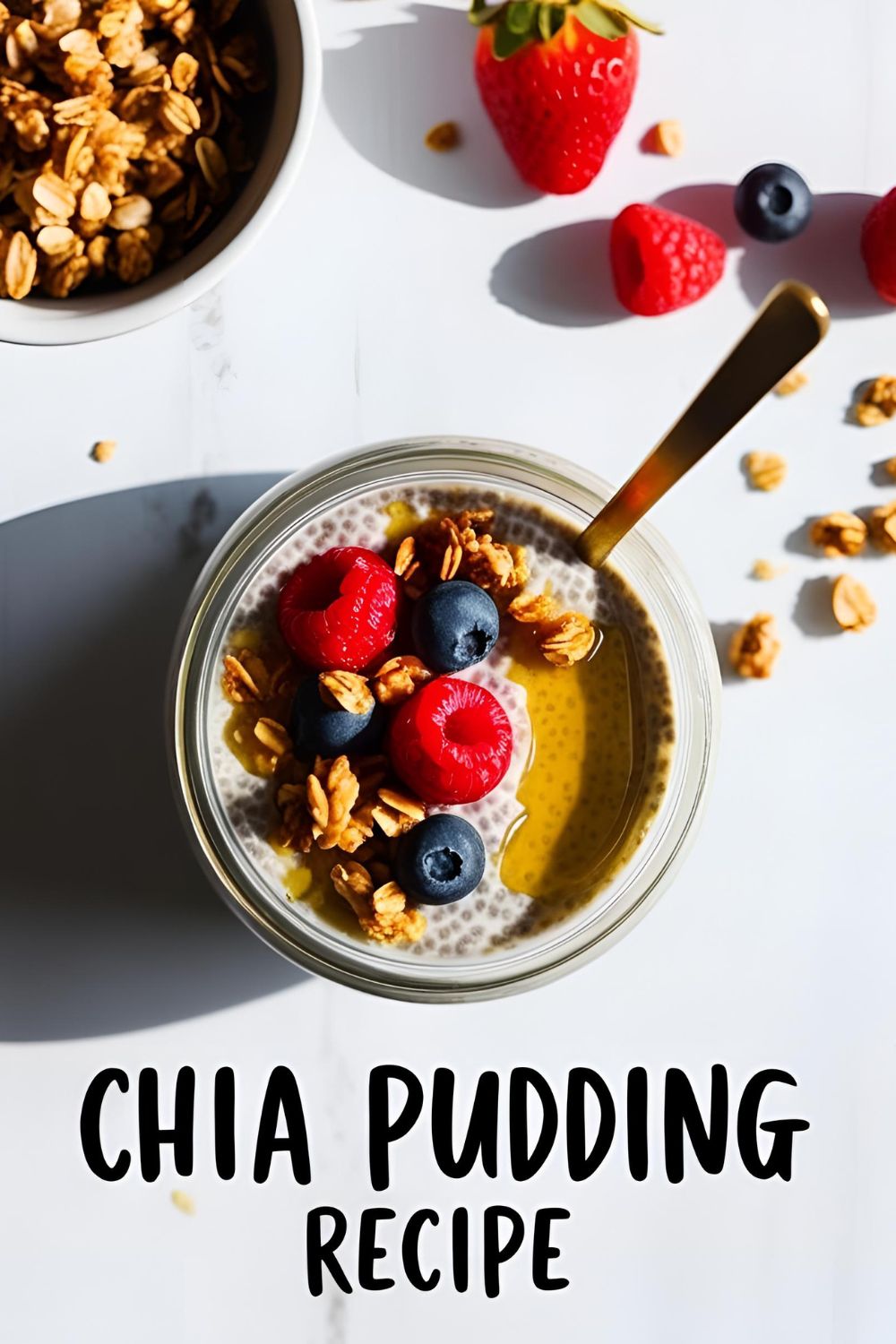 Overhead view of creamy chia pudding in mason jars with fresh toppings