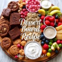 Overhead photo of colorful dessert board with cookies, brownies, fruits, candy and dips.