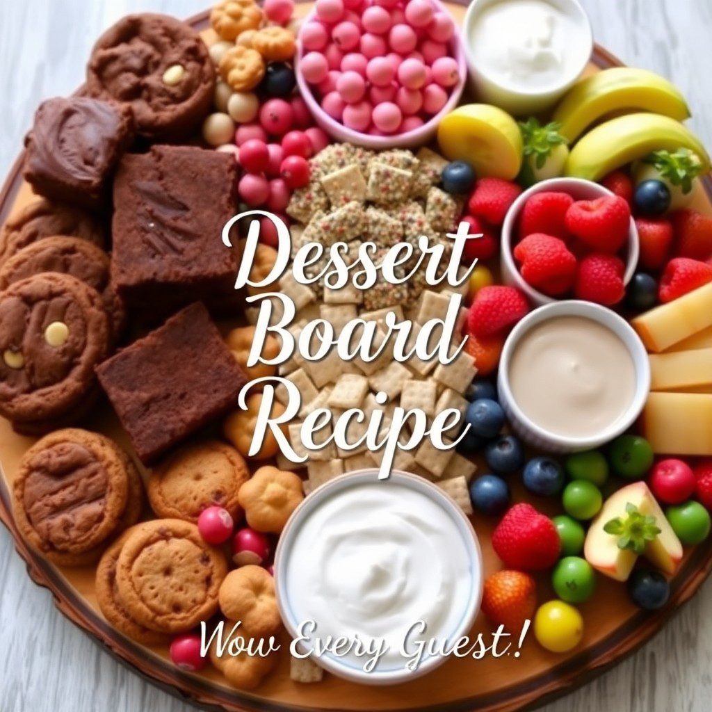 Overhead photo of colorful dessert board with cookies, brownies, fruits, candy and dips.