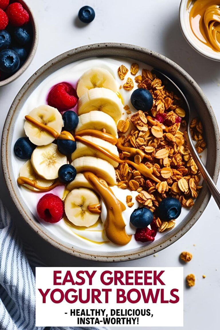 A vibrant, healthy Greek yogurt bowl with banana, berries, and peanut butter.