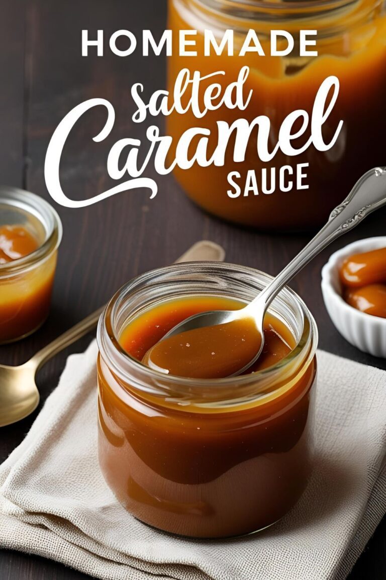 Jar of homemade salted caramel sauce with a spoon.