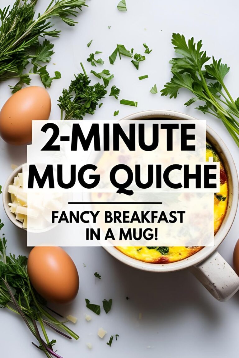 Cheesy mug quiche in a ceramic mug with steam rising and herbs on top.