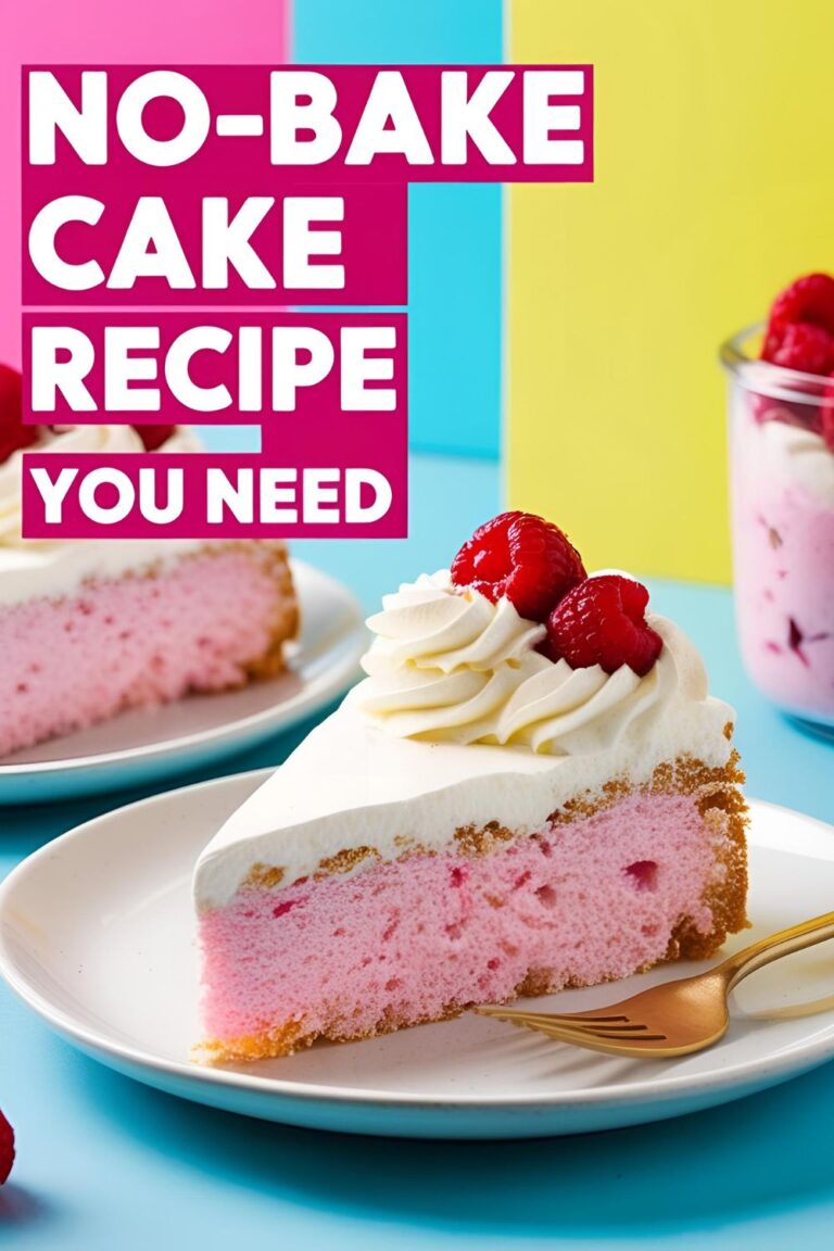 Easy no-bake cake topped with berries and whipped cream in a glass dish