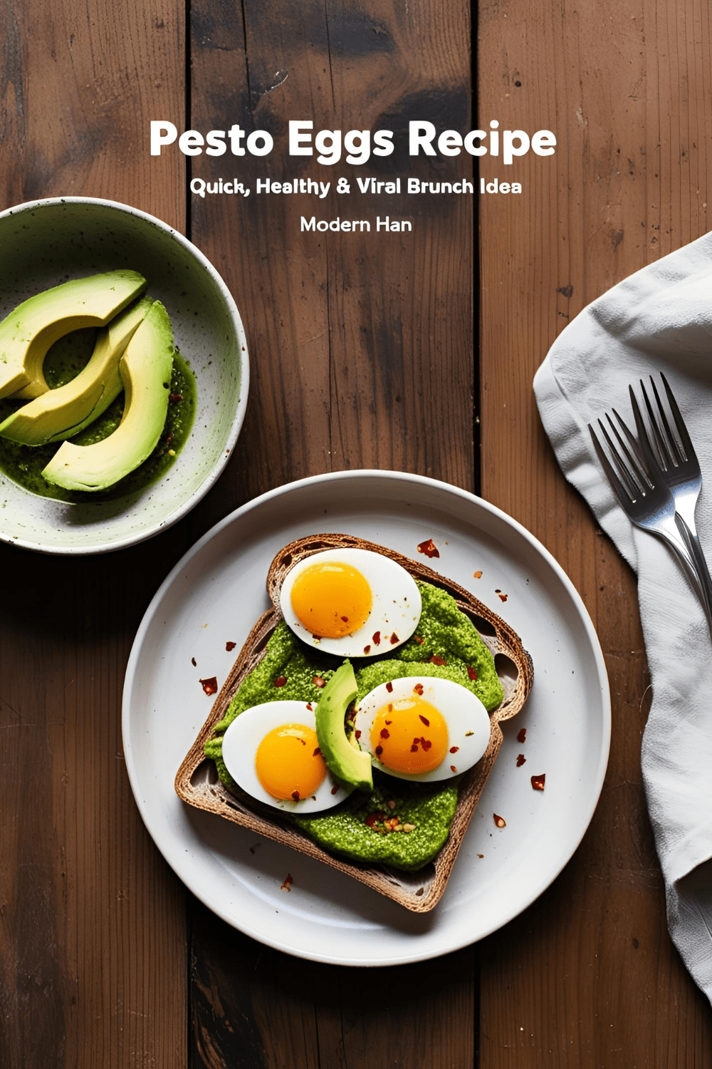 Close-up shot of golden pesto eggs sizzling in a pan, topped with chili flakes, served on toast.