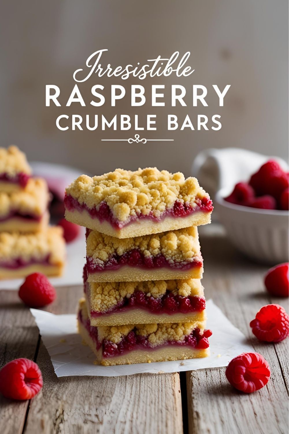 A stack of raspberry crumble bars on a wooden table with fresh raspberries.