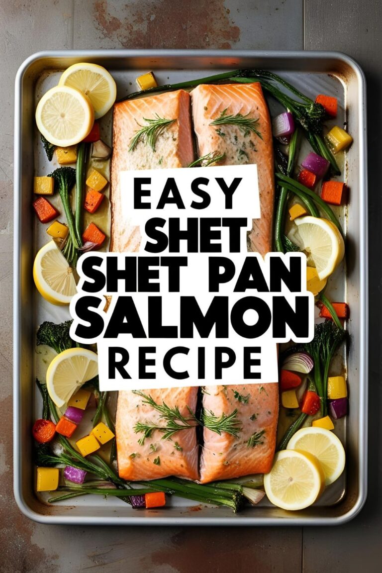 Roasted salmon with veggies on a sheet pan, garnished with lemon wedges