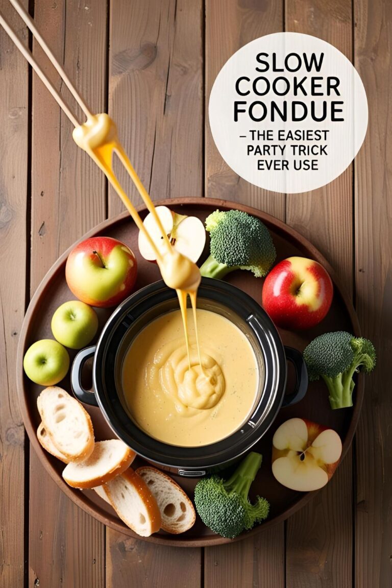 Slow cooker fondue with bread and veggies ready for dipping, melty cheese stretching mid-pull