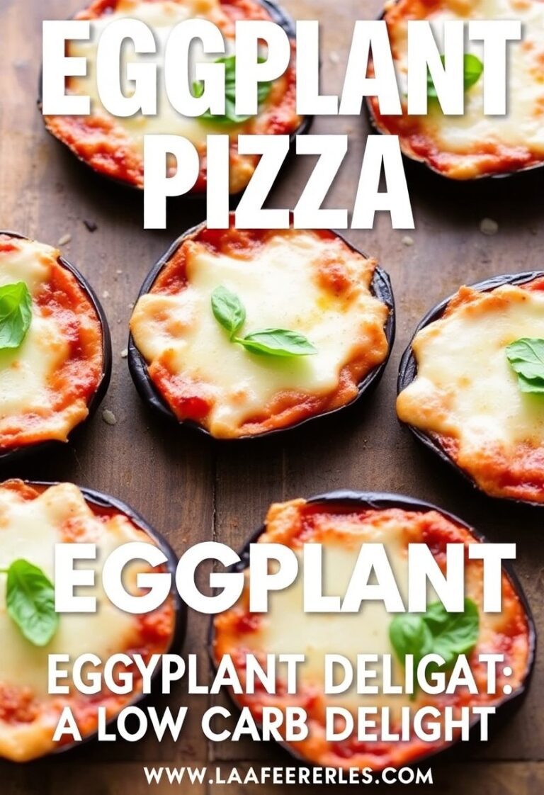 Close-up of crispy baked eggplant pizza slices topped with melty cheese, marinara, and herbs on a rustic wooden board—perfect low-carb pizza swap.