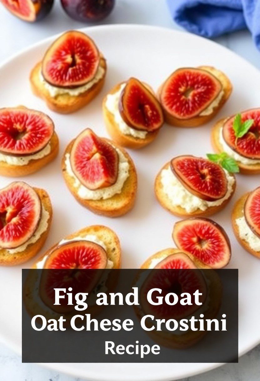 Rustic fig and goat cheese crostini topped with fresh herbs and honey, styled on a wooden board for an elegant appetizer presentation.