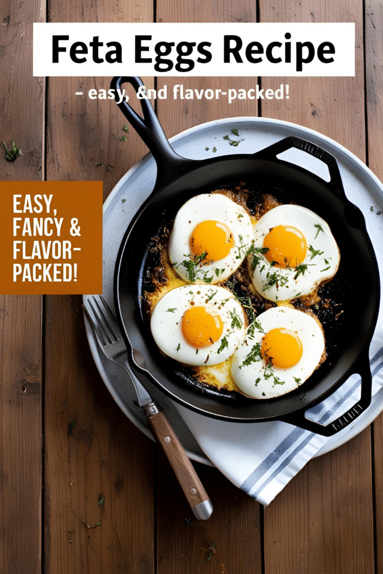 Skillet with feta eggs garnished with herbs and chili flakes for a quick Mediterranean breakfast.
