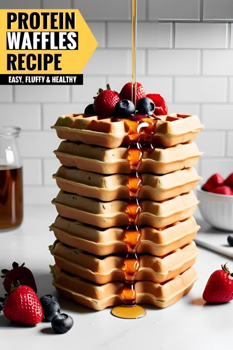 Golden fluffy protein waffles with syrup, a fork, and berries on a breakfast plate