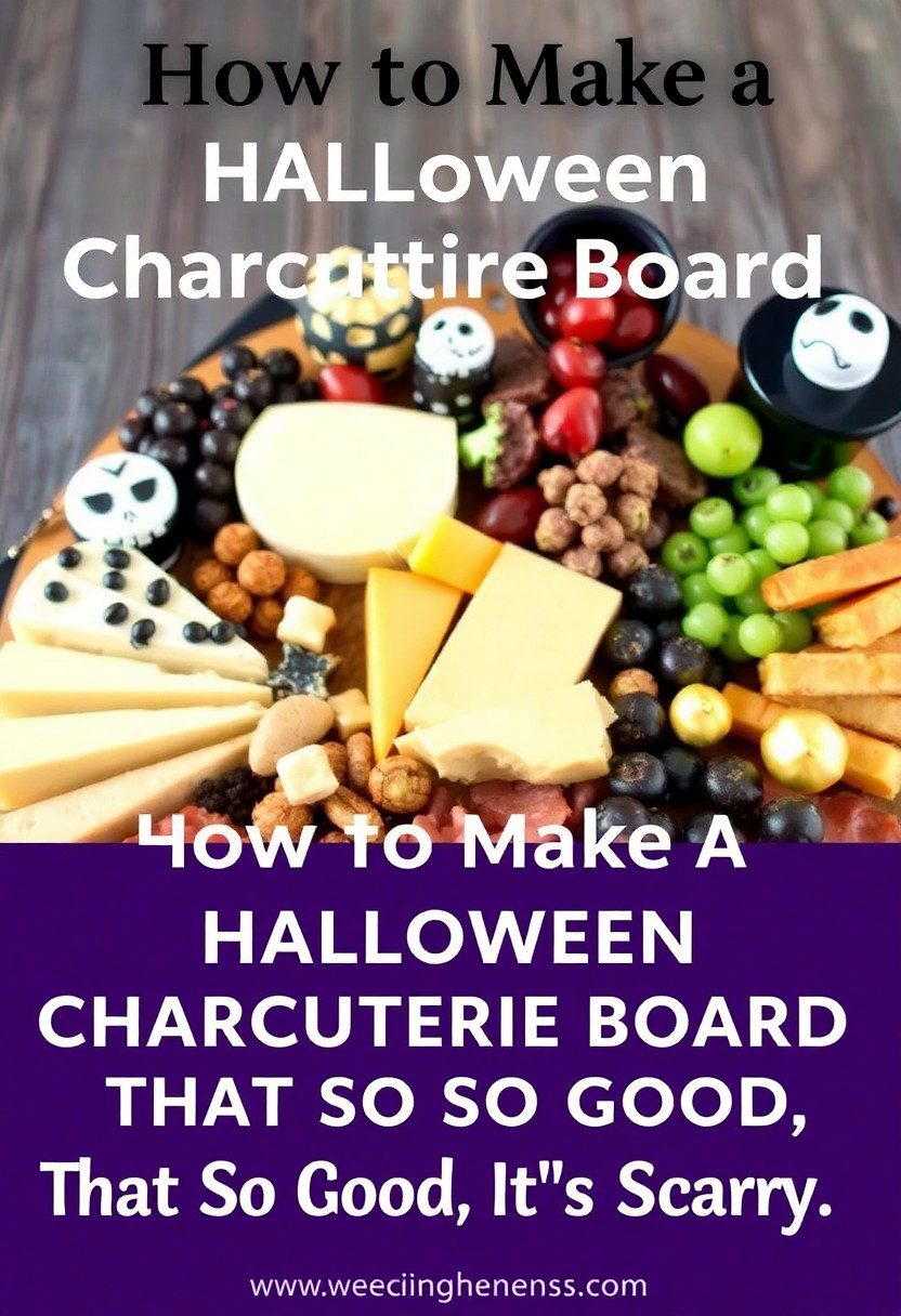 Overhead view of a Halloween charcuterie board with themed snacks, cheese, meats, and spooky candies arranged for a Halloween party.