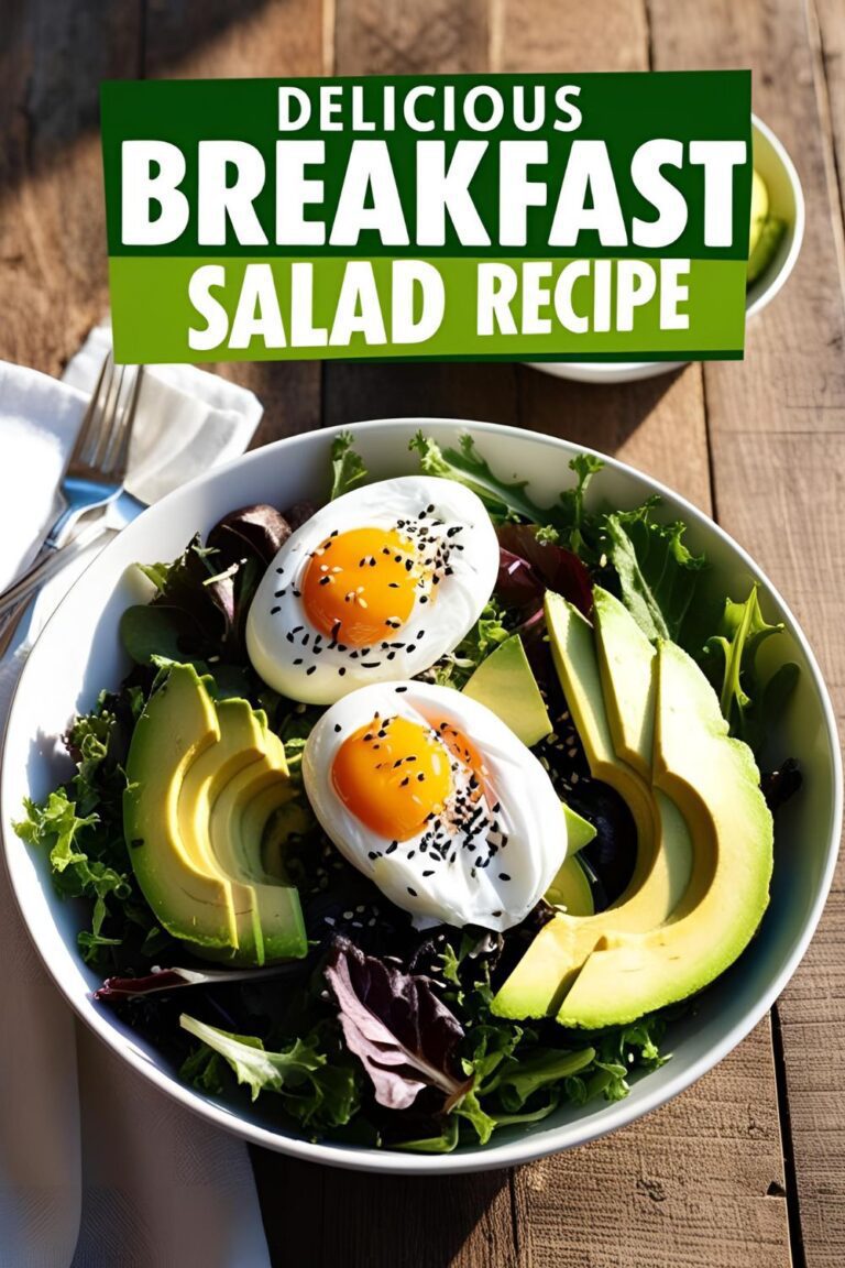 A vibrant bowl of healthy breakfast salad with fresh greens, avocado, and poached eggs.
