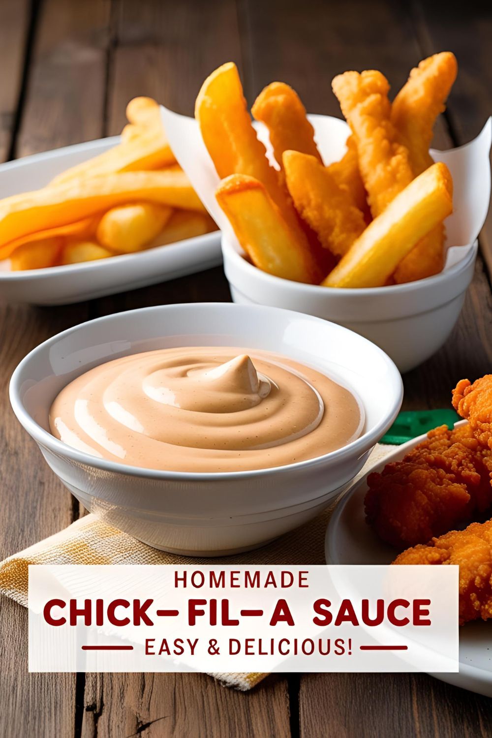 "Bowl of homemade Chick-fil-A sauce with chicken nuggets on the side."