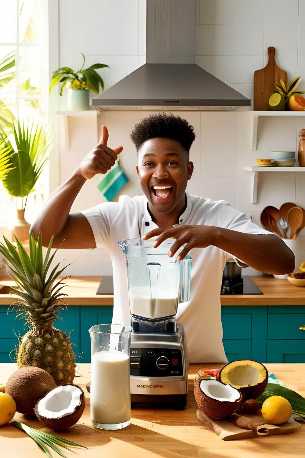 A glass of homemade coconut milk next to a fresh coconut.