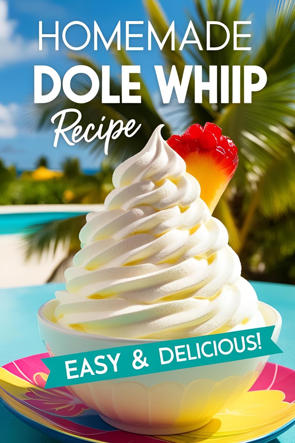 Homemade Disney Dole Whip swirled in a glass, garnished with a pineapple wedge."