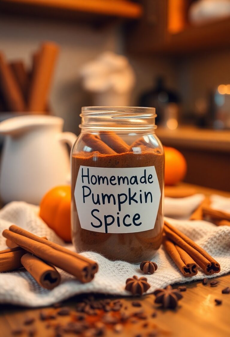 Text overlay image featuring “Homemade Pumpkin Spice Recipe” in bold fall-themed font over a background of cozy autumn spices, a pumpkin, and warm-toned kitchen props.