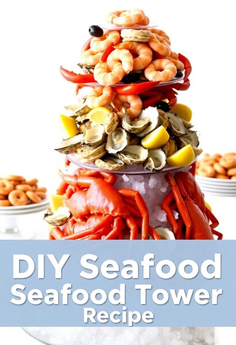 Beautiful DIY Seafood Tower with shrimp, oysters, crab legs, and lemon wedges displayed on ice.