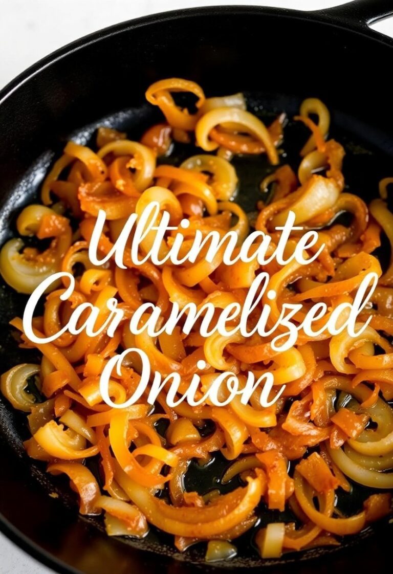 Golden, glossy caramelized onions in a cast iron skillet, slow-cooked to perfection—an easy, flavor-packed recipe that enhances any dish from burgers to pasta.